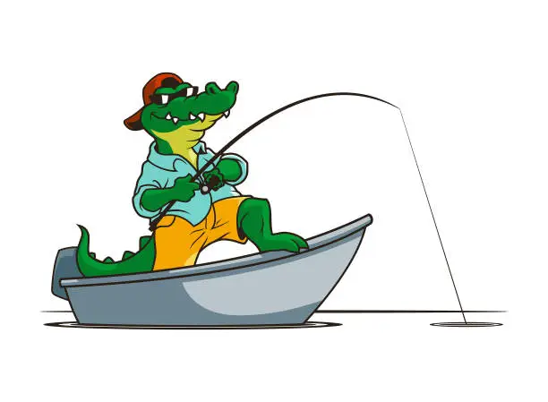 Vector illustration of Alligator Crocodile fishing on a boat