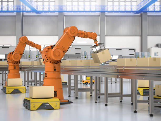 istock Automation factory or cargo with robot arms and warehouse robots 1474949583