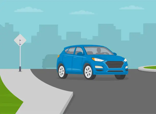 Vector illustration of Priority inside the roundabout. Suv is approaching roundabout. Front view.