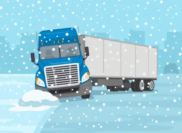 Vector illustration of Front view of a truck skidding across the icy road. Blue semi-truck loses control and gets stuck.