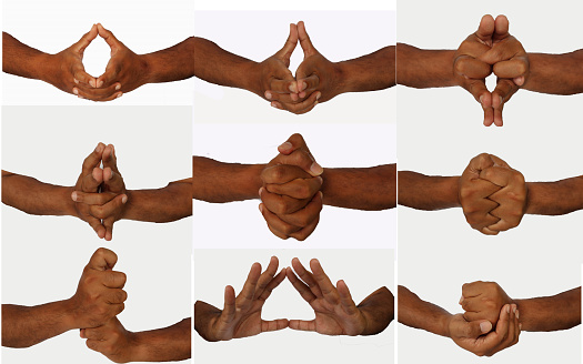 hand set of 9 mudras. It includes such mudras,. Gestures is isolated on white background.