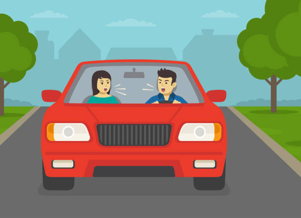 叫ぶ男性運転手と女性乗客の正面図。道路での家族の対立。 - car driving front view cartoon点のイラスト素材／クリップアート素材／マンガ素材／アイコン素材