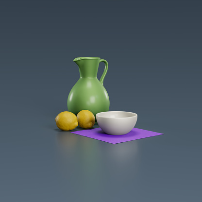A jug with 2 lemons and a bowl on a blue background, Still life concept, 3D illustration