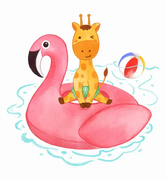 Vector illustration of Giraffe sit on flamingo shape inflatable swim ring on water in swimming pool . Realistic watercolor paint with paper textured . Cartoon character design . Vector .