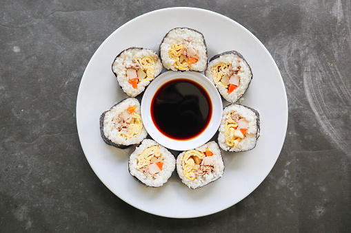 kimbap or gimbap is Korean roll Gimbap(kimbob) made from steamed white rice (bap) and various other ingredients, this food from south korea