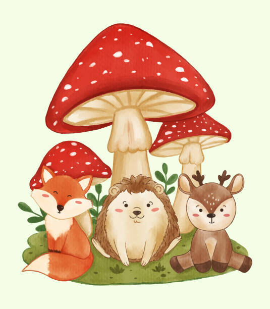 Giant mushrooms with wildlife animals fox hedgehog and deer . Realistic watercolor paint with paper textured . Cartoon character design . Vector . Giant mushrooms with wildlife animals fox hedgehog and deer . Realistic watercolor paint with paper textured . Cartoon character design . Vector . hedgehog mushroom stock illustrations