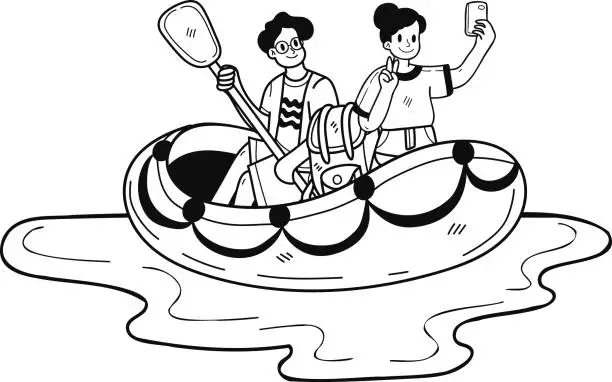Vector illustration of couple taking selfie on boat illustration in doodle style
