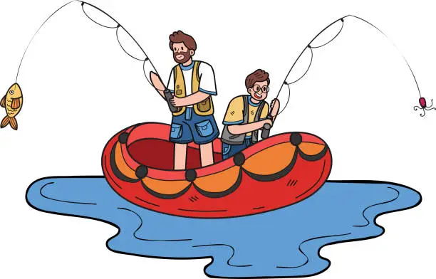 Vector illustration of father and son fishing on a boat illustration in doodle style