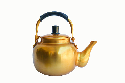teapot, jug, Copper desert tea pot, antique metal teapot isolated on white background, antique kettle,golden teapot, metal teapot, Chinese tea pot on white background, antique teapot, golden tea pot, metal kettle.