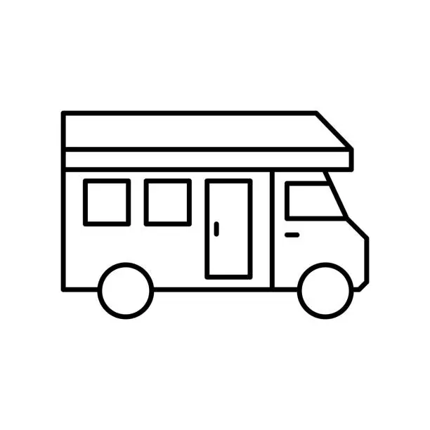 Vector illustration of House on wheels outline black icon. Wheeled tiny house vector illustration. Moving house on white background. Off grid traveling hut or cabin. For any platform or purpose action promotion advertising.