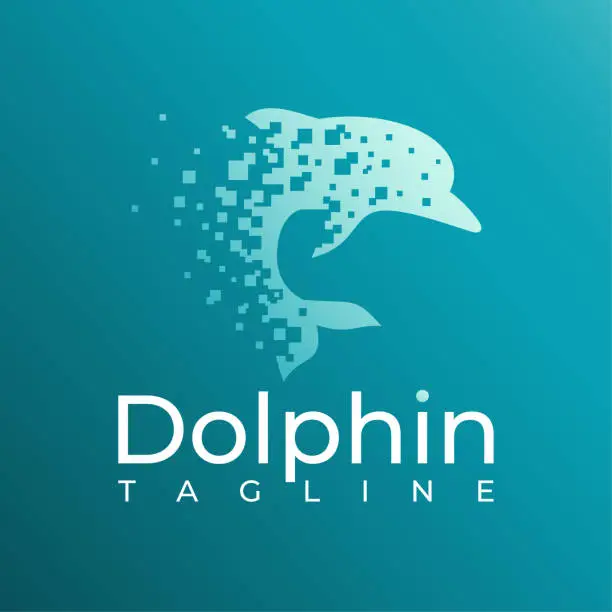 Vector illustration of Modern digital pixel dolphin logo design. Technology dolphin abstact logo brand.