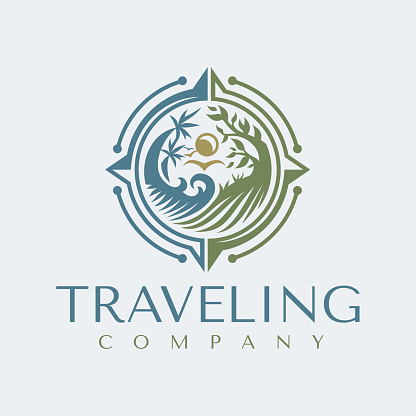Illustration of nature landscape compass logo design. Luxury holiday travel logo.