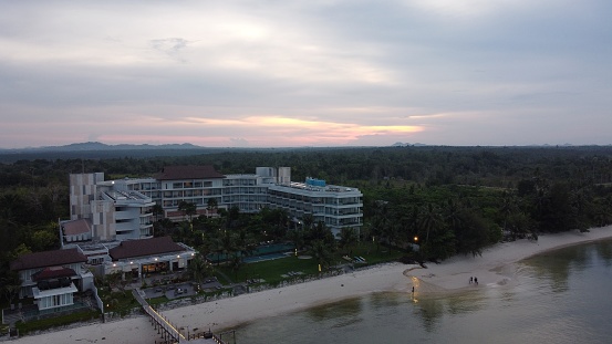Belitung Regency, Bangka Belitung islands, Indonesia - December 03, 2022: Beach Resort by the beautiful beach in the afternoon