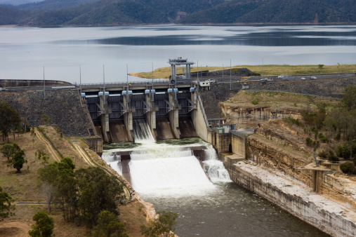 Wivenhoe Dam spillway near Brisbane, Queensland Australia. Wivenhoe is the primary drinking source for South East Queensland and played a controversial role in the Flood of 2011, Australia's greatest flooding disaster.