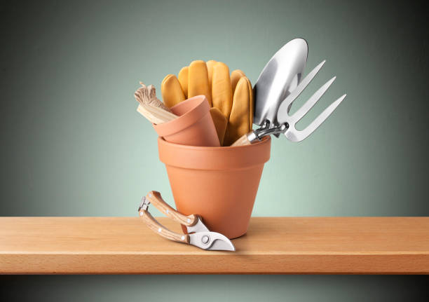 Gardening. Garden tools on the shelf.