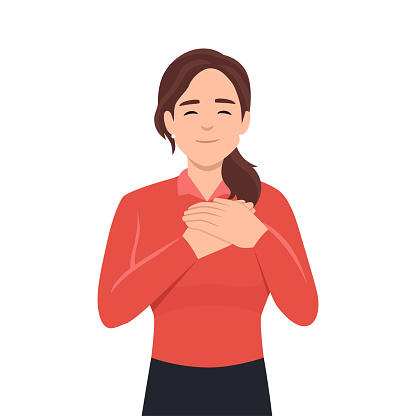 Happy calm young woman hold keep hands at chest feel grateful and thankful at heart. Smiling girl show love, compassion and care. Superstition and faith. Flat vector illustration isolated on white background