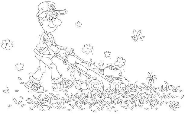 Vector illustration of Funny lawnmower cutting green grass