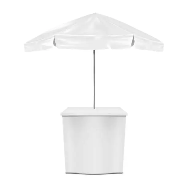 Vector illustration of White promotional table counter with umbrella vector mockup. Blank parasol advertising stand realistic mock-up. Market stall. Template for design