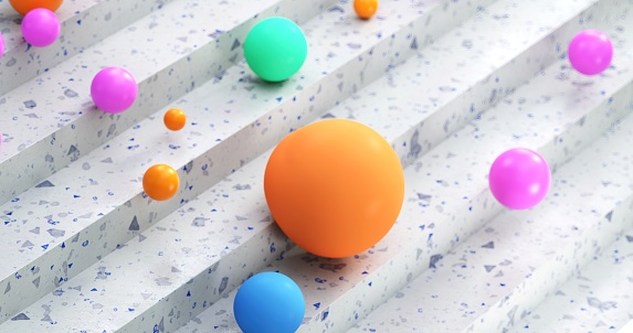 Bright plastic balls scattered down the steps of the marble staircase, rolling down it and disappearing from the frame. A large orange ball in the middle of the frame. 3d rendering