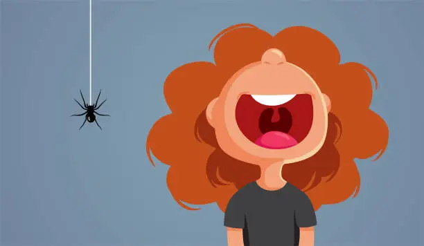 Vector illustration of Screaming Girl Scared of Spider Insect Vector Cartoon Illustration