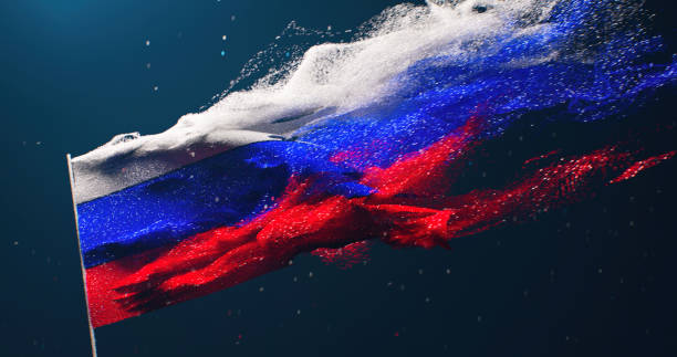 The flag of the Russian Federation flying into small particles stock photo