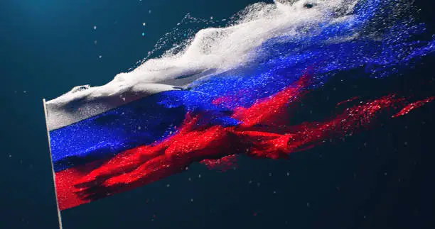 Pixelated flag of Russia, waving in the wind, flying in the wind in different directions. The flag of the Russian Federation shatters into small particles. Flags of the whole world. The national flag. Tricolor Flag