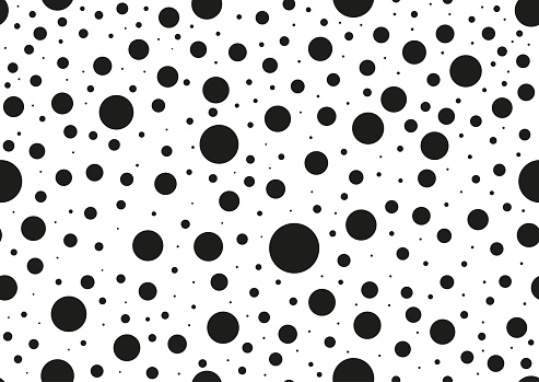 Black polka dot circular random seamless pattern. Absract design circle shapes black spot print on white backdrop. Simple speckle endless texture.