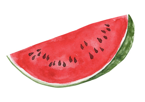 Watercolor watermelon slice with seeds and bite closeup isolated on white background. Hand painting on paper