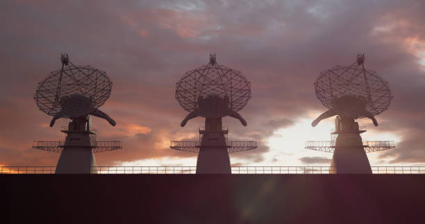 Satellite antennas in a row pointing upwards to display astronomical objects