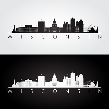 Wisconsin state skyline and landmarks silhouette, black and white design. Vector illustration.