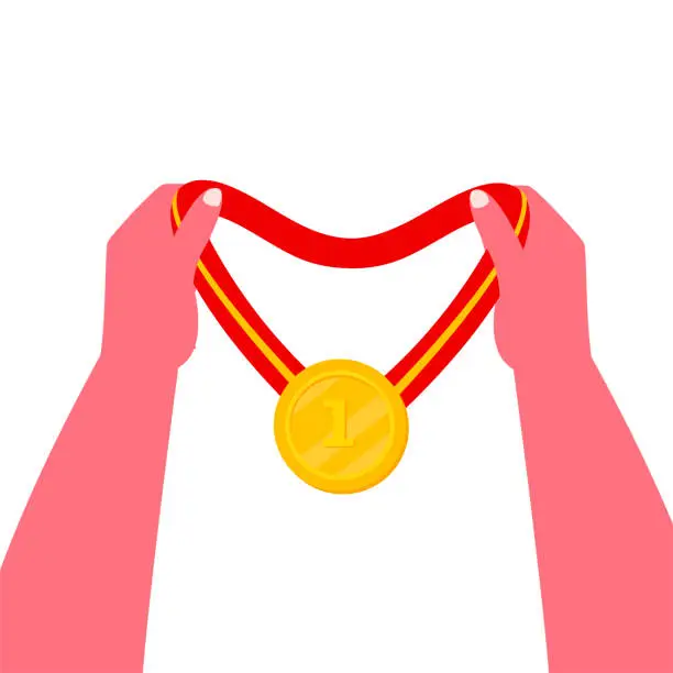 Vector illustration of Hand holding gold medal. Champion winner award metal medal.