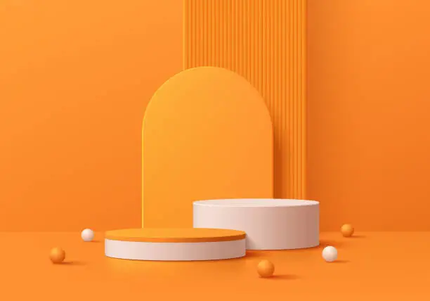 Vector illustration of 3D realistic orange and white cylinder pedestal podium background with geometric backdrop. Minimal wall scene mockup products stage for showcase, Banner promotion display. Abstract vector empty room.