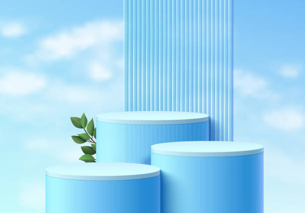 3D blue crystal glass realistic stand podium set with green leaf and blue sky background. Minimal wall scene mockup product stage showcase, Banner promotion display. Abstract vector geometric forms. vector art illustration