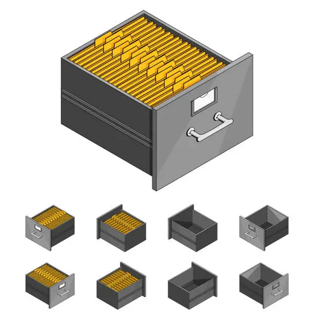 Vector illustration of Large isometric set of drawers with documents. Isometric iron drawer.