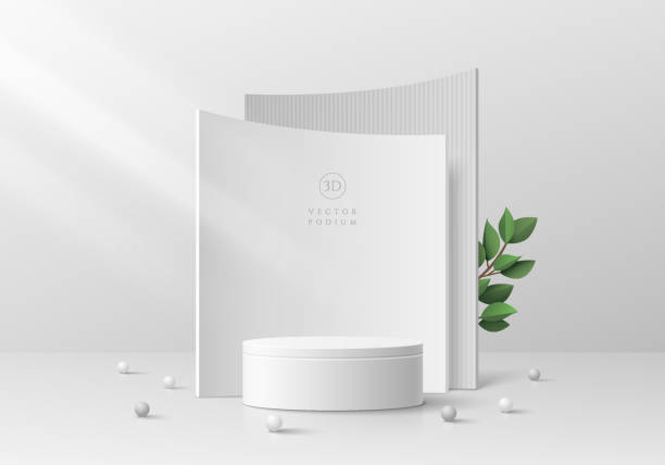 3D realistic white cylinder pedestal podium background with curve layers backdrop and green leaf. Minimal wall scene mockup product stage showcase, Promotion display. Abstract vector geometric forms. vector art illustration