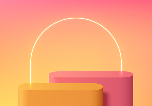 3D realistic yellow orange and pink round products podium background with neon light scene. Pastel minimal wall scene mockup product stage showcase, Promotion display. Abstract vector geometric forms.