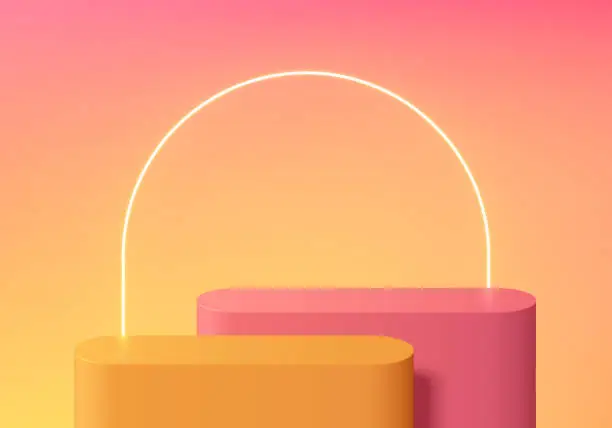 Vector illustration of 3D realistic yellow orange and pink round products podium background with neon light scene. Pastel minimal wall scene mockup product stage showcase, Promotion display. Abstract vector geometric forms.