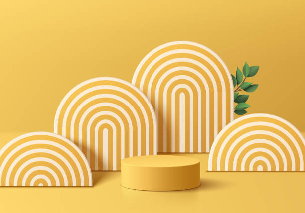 3D realistic yellow cylinder pedestal podium background with leaf and overlap arch backdrop. Summer minimal wall scene mockup product stage showcase, Promotion display. Abstract vector geometric form. vector art illustration