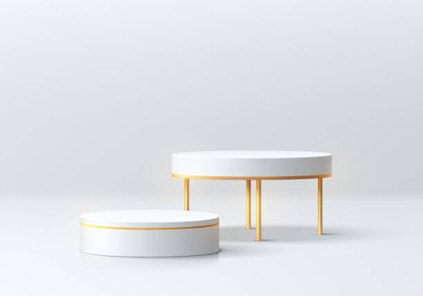 istock 3D realistic white cylinder pedestal podium background with golden legs in clean empty room. Vector abstract geometric forms. Wall minimal scene, mockup products stage for showcase, Promotion display. 1474981086