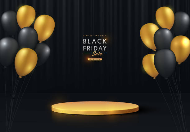 istock 3D realistic golden cylinder pedestal podium background with black and gold balloon. Black friday sale. Wall minimal scene, mockup product stage showcase, promotion display. Abstract vector empty room 1474981090