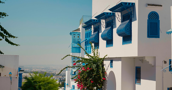 Traditional Sidi Bou Said houses. City architecture blue and white. Colorful streets Tunis. Holiday destination. Sights of Tunis. Balcony and windows with protective grates of house.