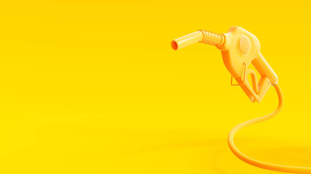 Gasoline yellow injector fuel pump nozzle  on Yellow background. Can be used text input or banner related to oil industry and refuel service. Designed in minimal concept. 3D Render.