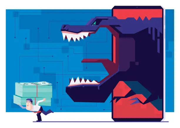 Vector illustration of businessman carrying stack of banknotes and being chased by dinosaur on smartphone