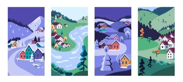 Vector illustration of Rural landscapes set. Countryside nature with houses, hills, vertical cards. Village, country homes, mountains in winter and summer. Outdoor sceneries with snow, grass, trees. Flat vector illustration