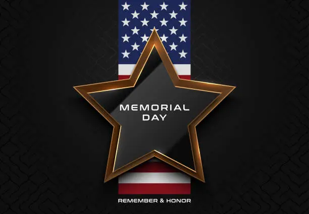 Vector illustration of Memorial Day. National american holiday. Vector USA Memorial day greeting card. Luxury frame glossy black gold star and us flag line on black pattern background. Remember and Honor poster