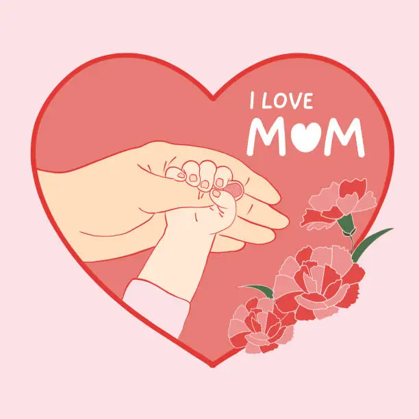 Vector illustration of Happy Mother's Day greeting cards, baby holding mother's hand, carnation flower on the heart shaped background. Illustration of love, I love mom, greeting card, vector illustration.