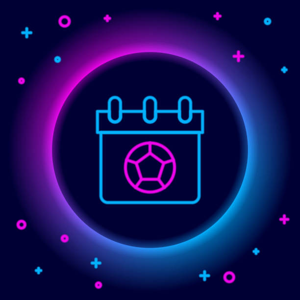 ilustrações de stock, clip art, desenhos animados e ícones de glowing neon line football or soccer calendar icon isolated on black background. match of the day. date football or soccer match. colorful outline concept. vector - symbol computer icon calendar icon set