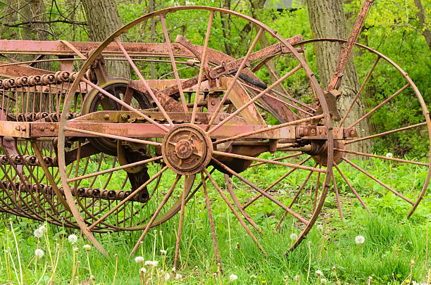 istock Large rusting wheels of antique farm implement near woods 147498610