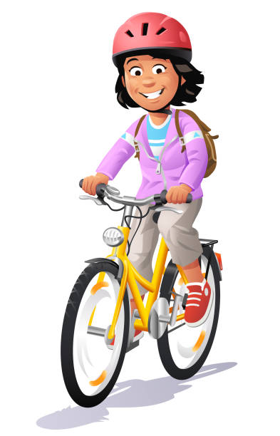 Girl With Backpack Riding Bike Vector illustration of a cheerful girl with a cycling helmet and a backpack riding her bicyle, isolated on white. Part of a series. bicycle cycling school child stock illustrations