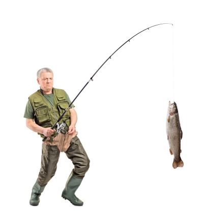 Full length portrait of a mature fisherman catching a fish isolated on white background